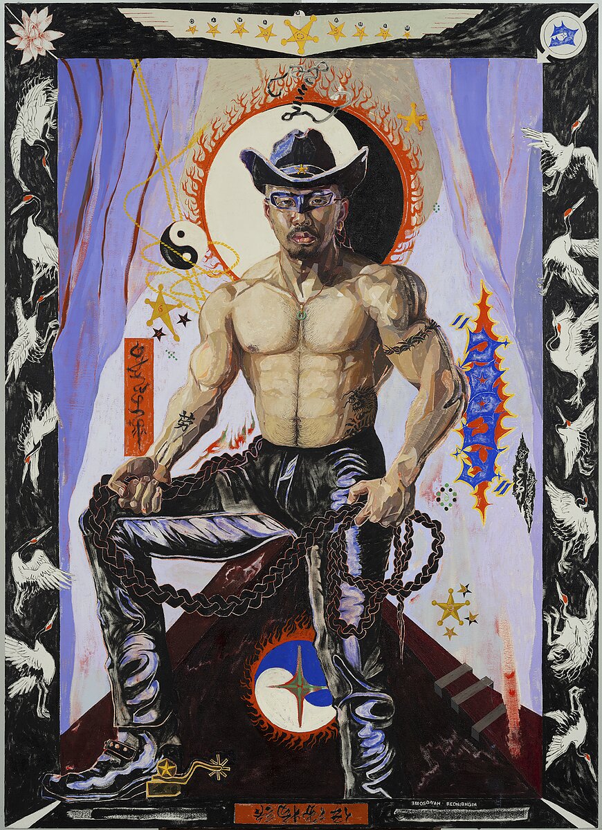 A painted self portrait of the artist shirtless wearing a black cowboy hat and holding a black braided rope.