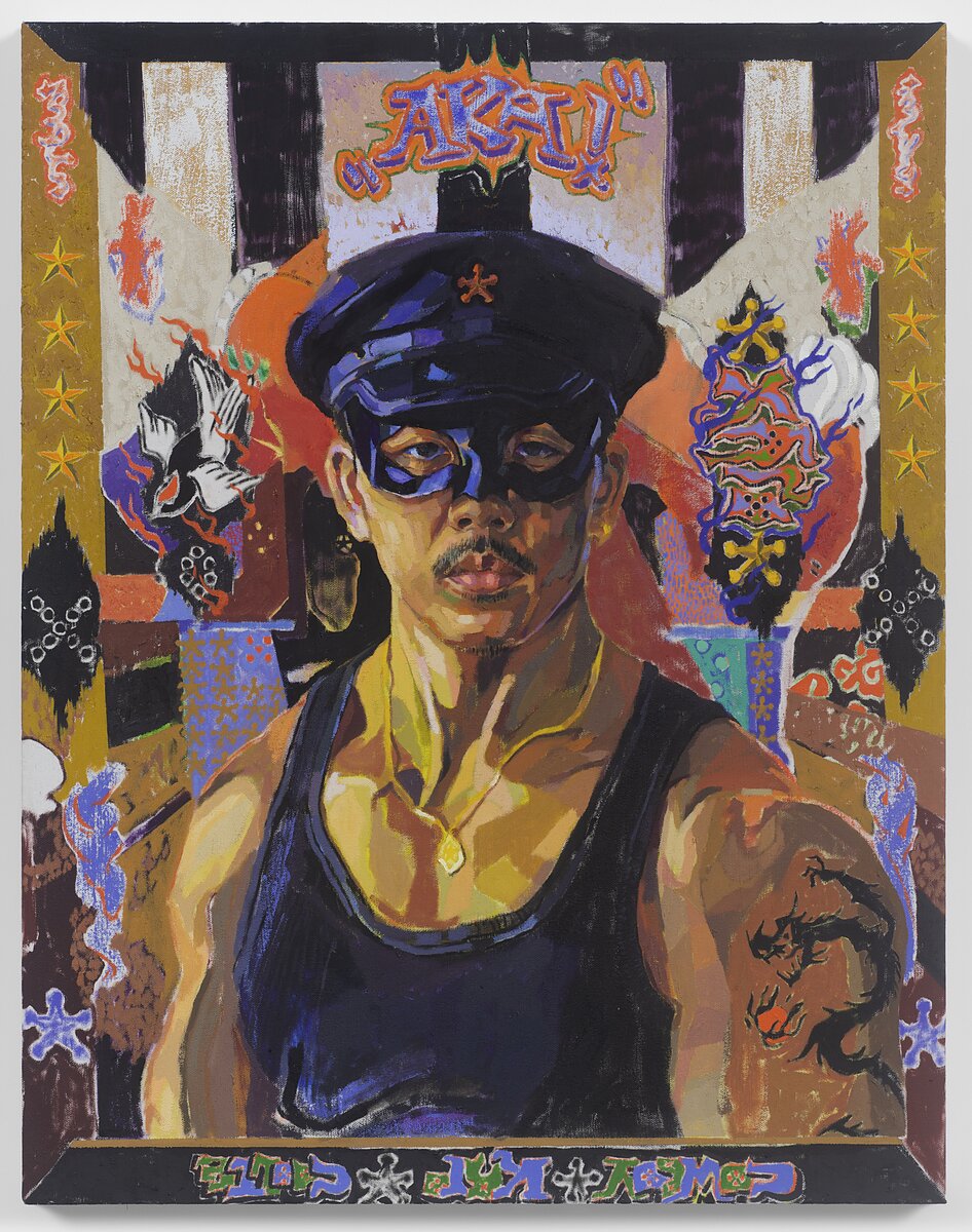 A painted self portrait of the artist wearing a black leather mask around his eyes and a cap.