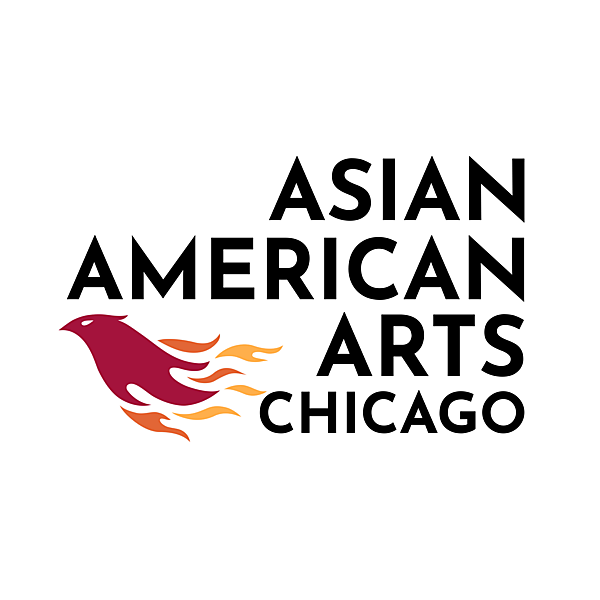 Black text and a red/orange bird graphic representing the Asian American Arts Chicago logo