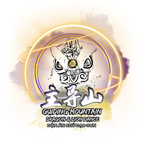 a glowing yellow and purple sphere with a black lion graphic in the middle representing the Guiding Mountain & Lion Dance logo