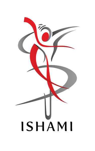 Gray and red stick figure dancing representing the Ishami Dance Company logo