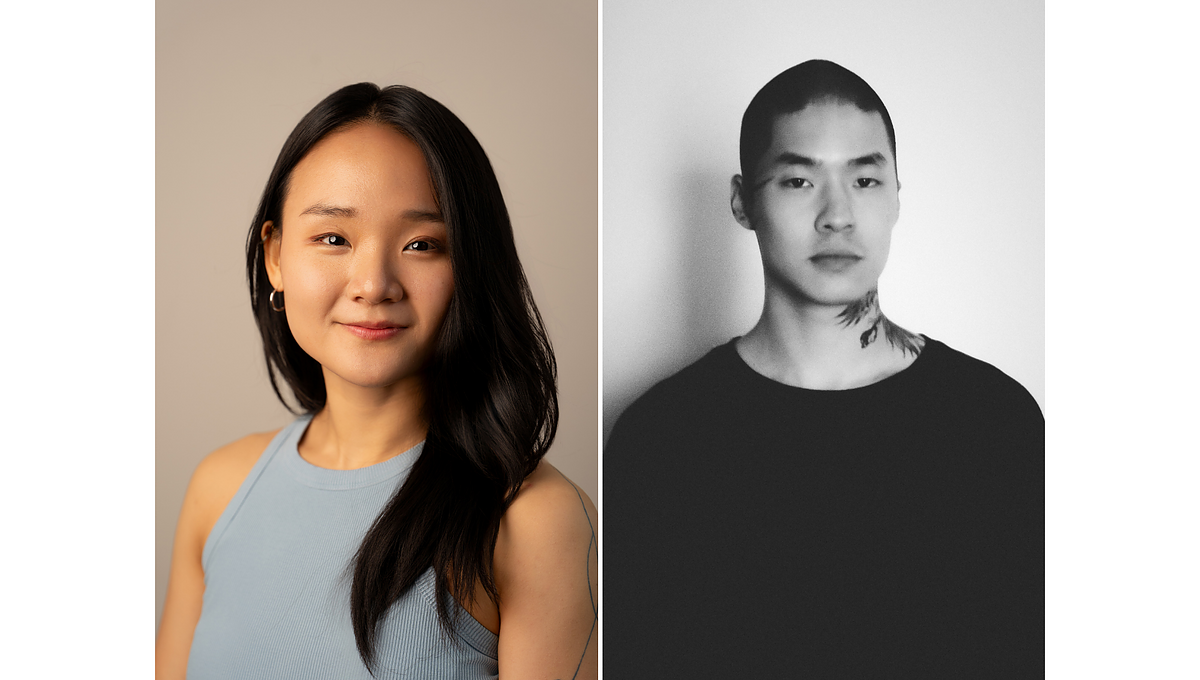 Portraits of two people: on the left, a woman with long black hair and a gray-blue tank top, on the right, a man with neck tattoo and shaved head.