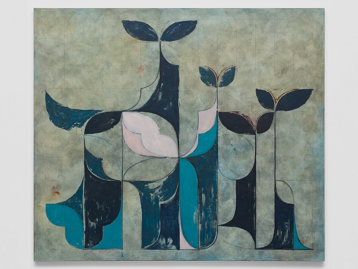 A rectangular canvas depicts abstract forms in various shades of dark blue and light pink against a wash of beige. 