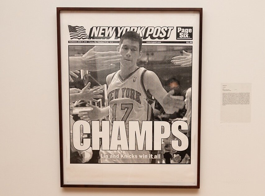 A framed silkscreen print of the front page of the New York Post featuring basketball player Jeremy Lin. 