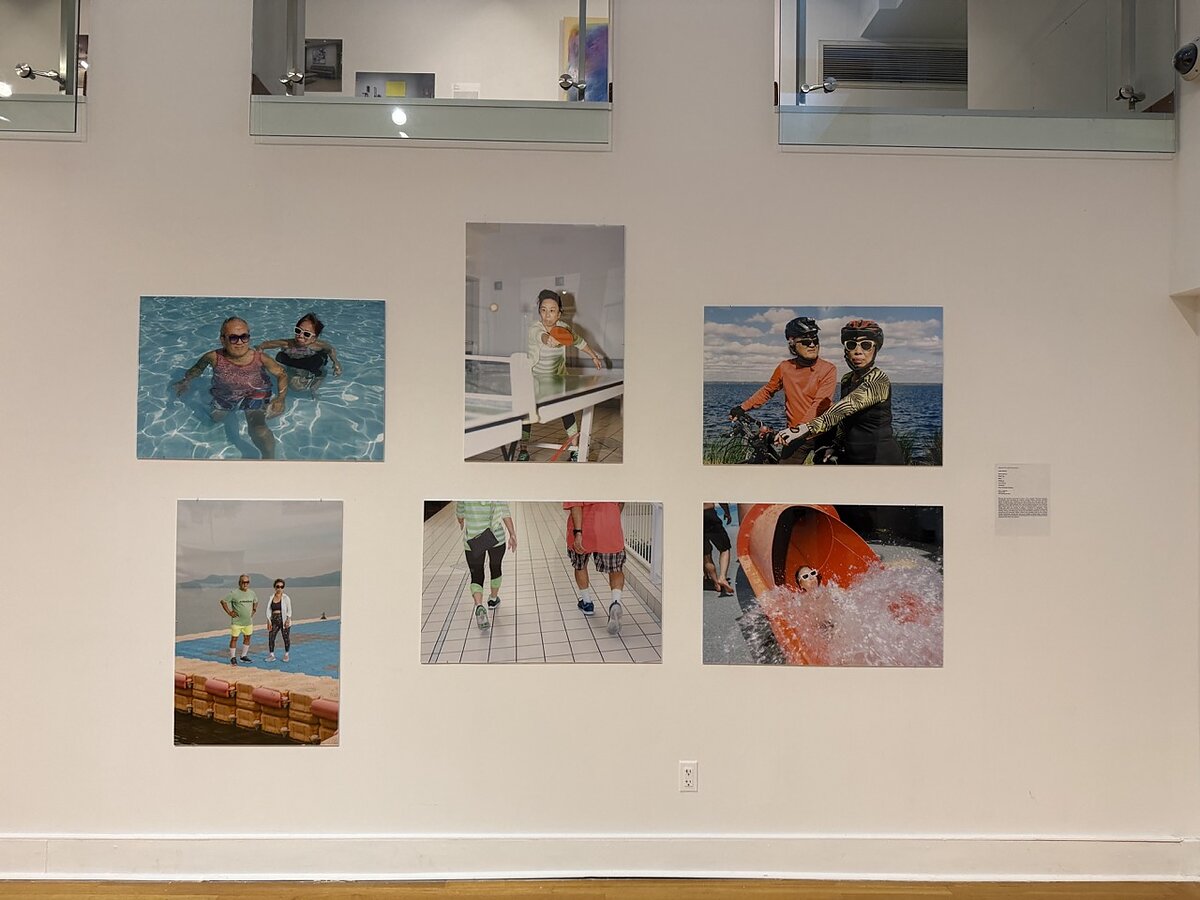 A series of photographs featuring an elderly Asian couple participating in various recreational activities.