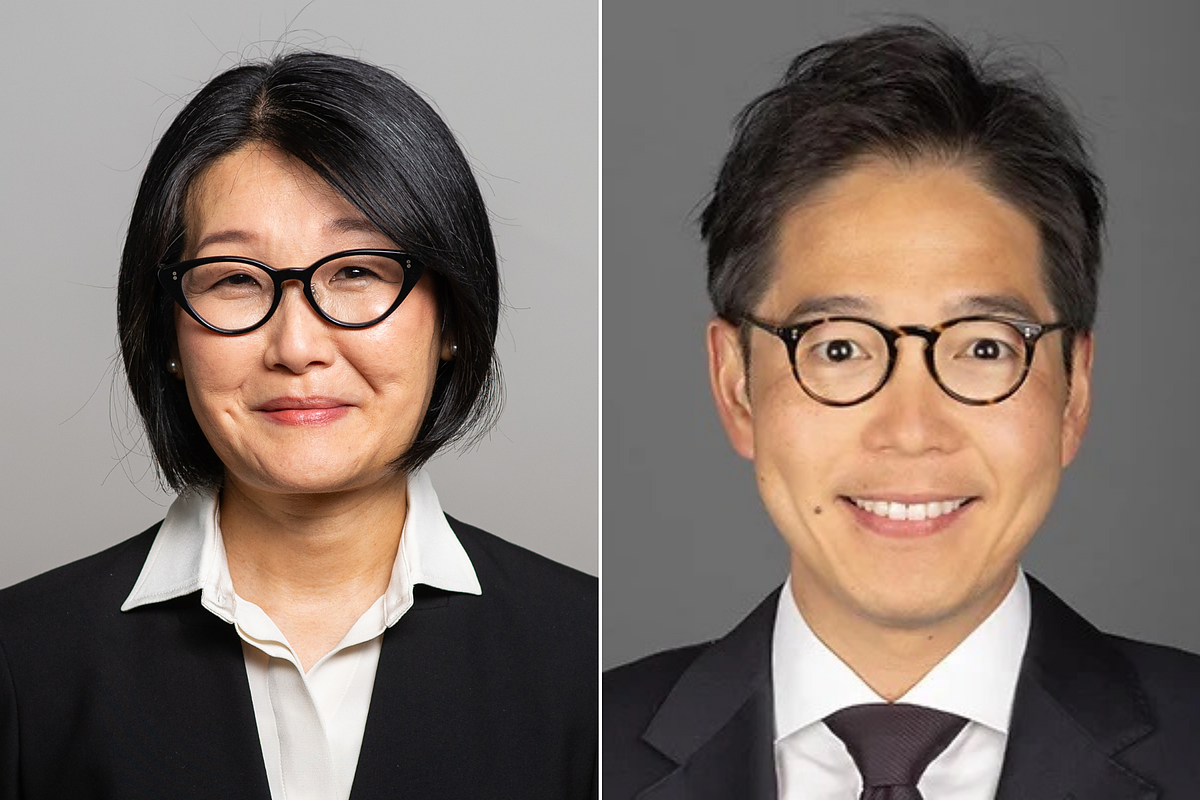two portraits: on the left an Asian woman with black rimmed glasses, and on the right an Asian man with tortoise shelled glasses