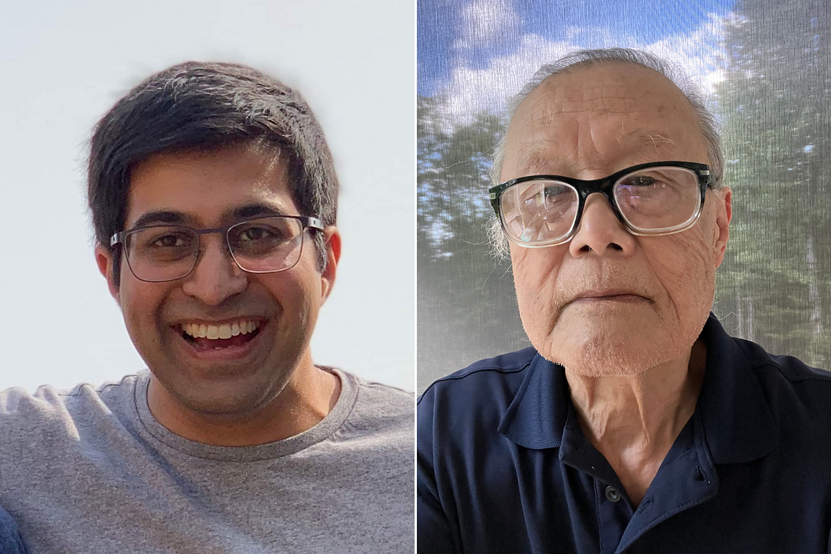 A portrait of a South Asian man wearing glasses and a gray T-shirt (left), a portrait of an East Asian elderly man (right)