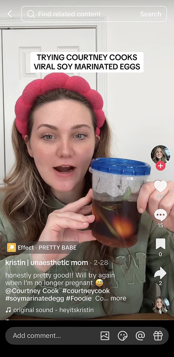 A TikTok screenshot of a non-Chinese woman holding a plastic container with soy-marinated eggs and the words "TRYING COURTNEY COOKS VIRAL SOY MARINATED EGGS"