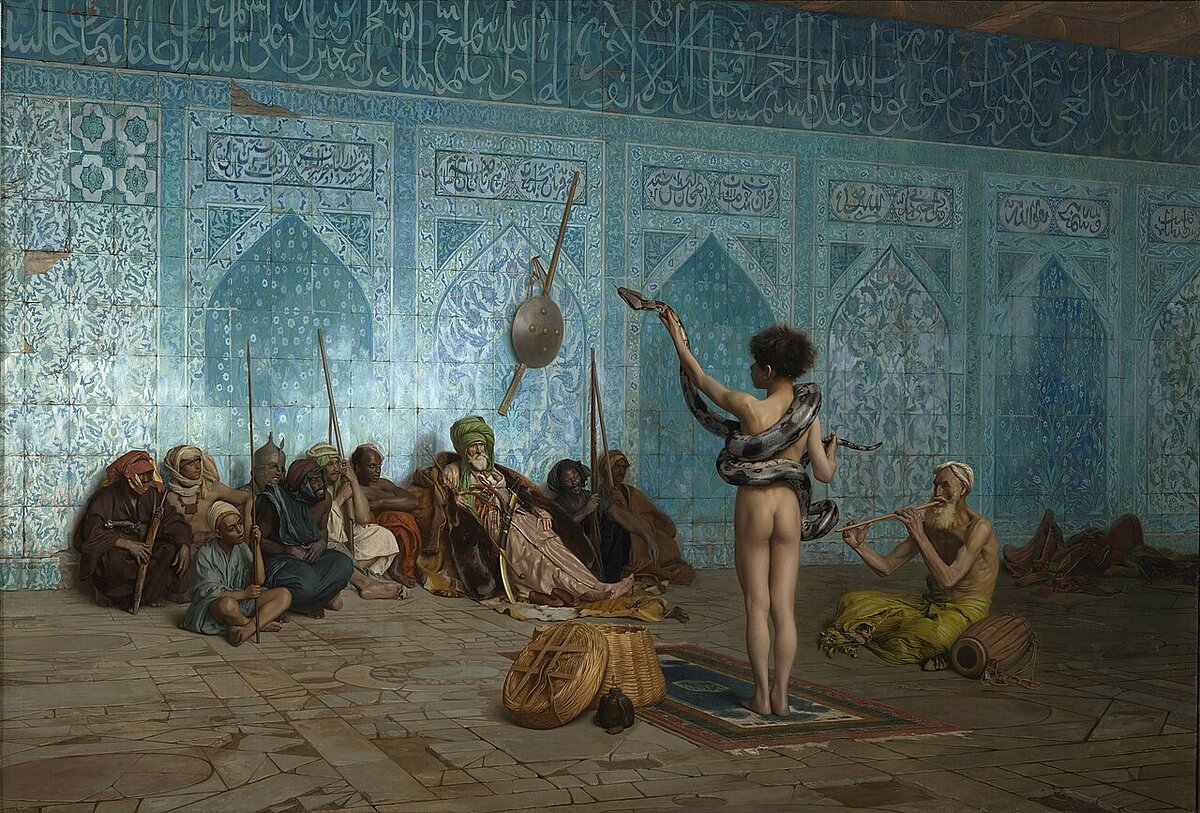 A painting featuring a young nude boy seen from behind and holding a serpent in front of a crowd of older gentlemen in a lavishly tiled blue room.