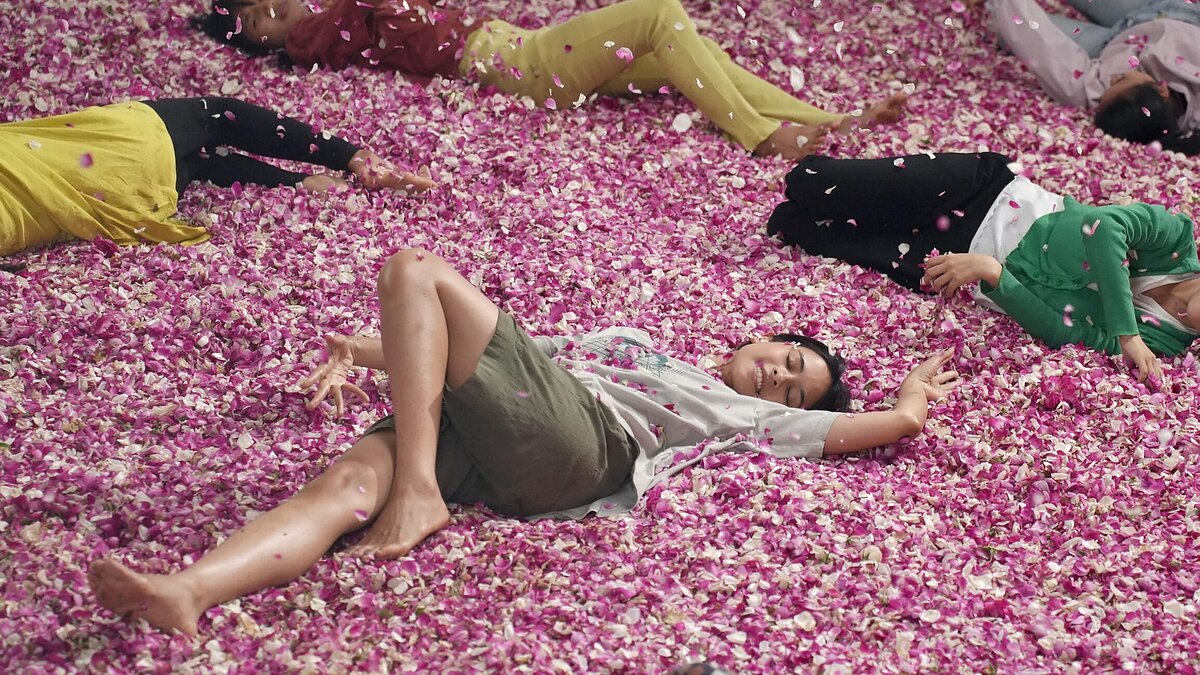 A group of people blissfully roll around in a flurry of pink and white flower petals. 