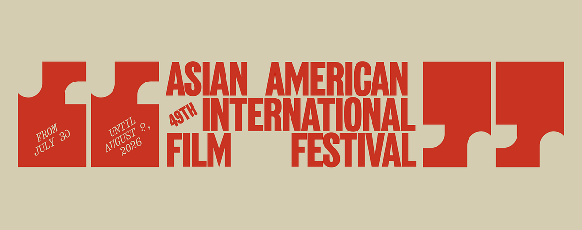 Red text and graphics on a tan background announcing the 49th Asian American International Film Festival. 