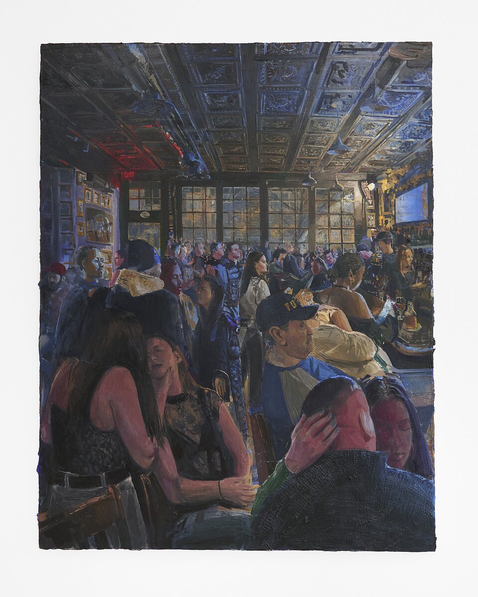 A painting of a dimly lit crowded bar.