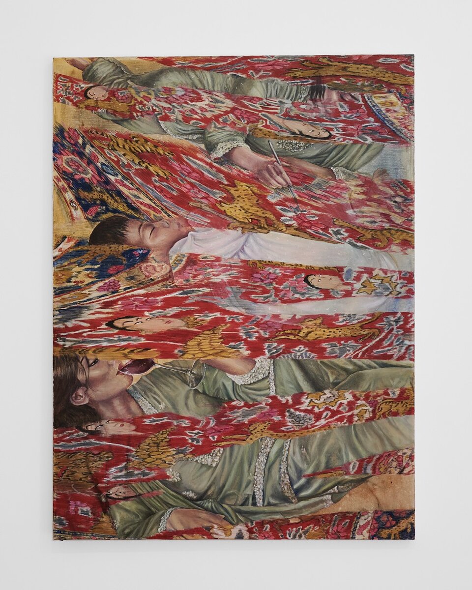 A colorful pastel drawing of figures reclining interwoven with colorful strips of tapestries.