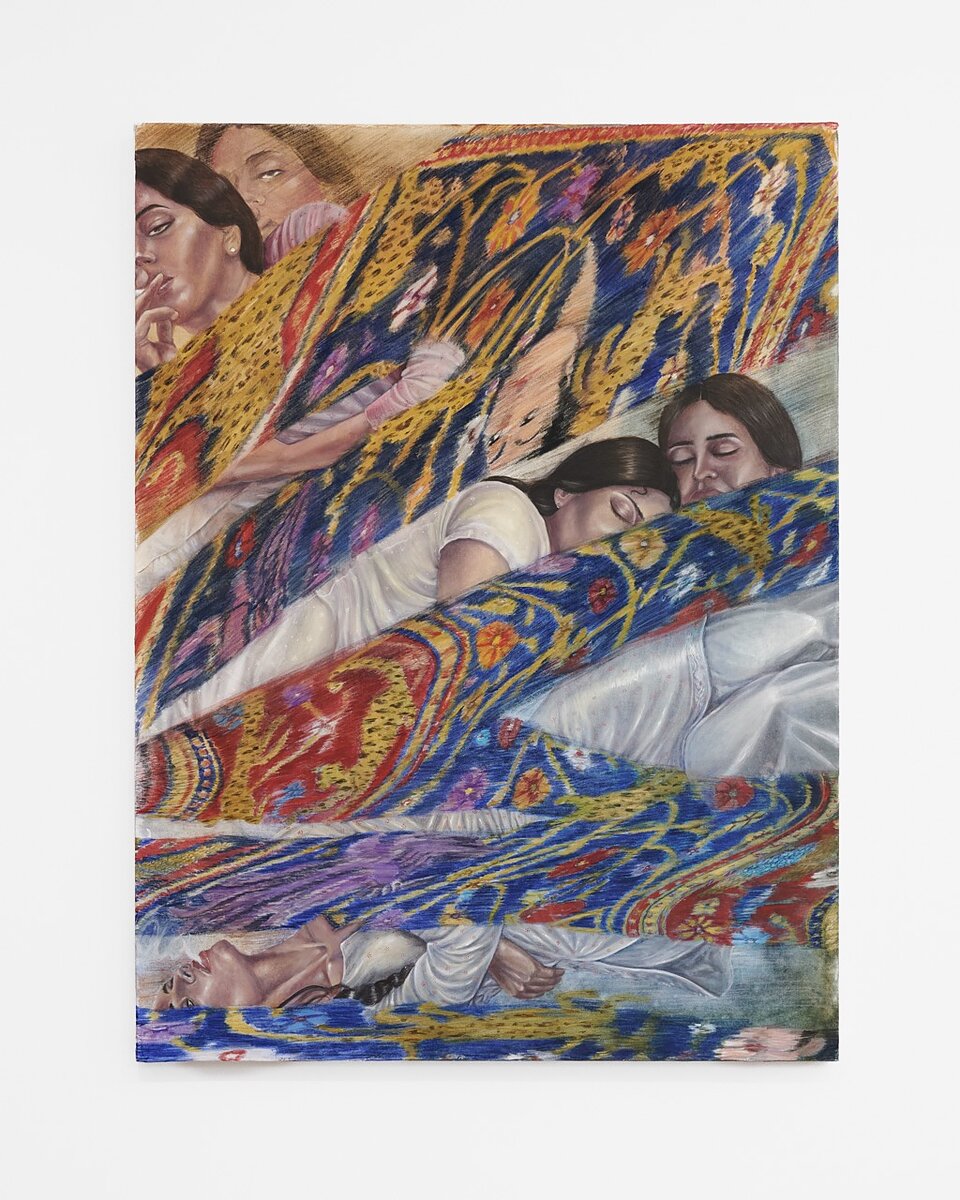 A colorful pastel drawing of women reclining interwoven with images of a tapestry featuring leopards and flowers.