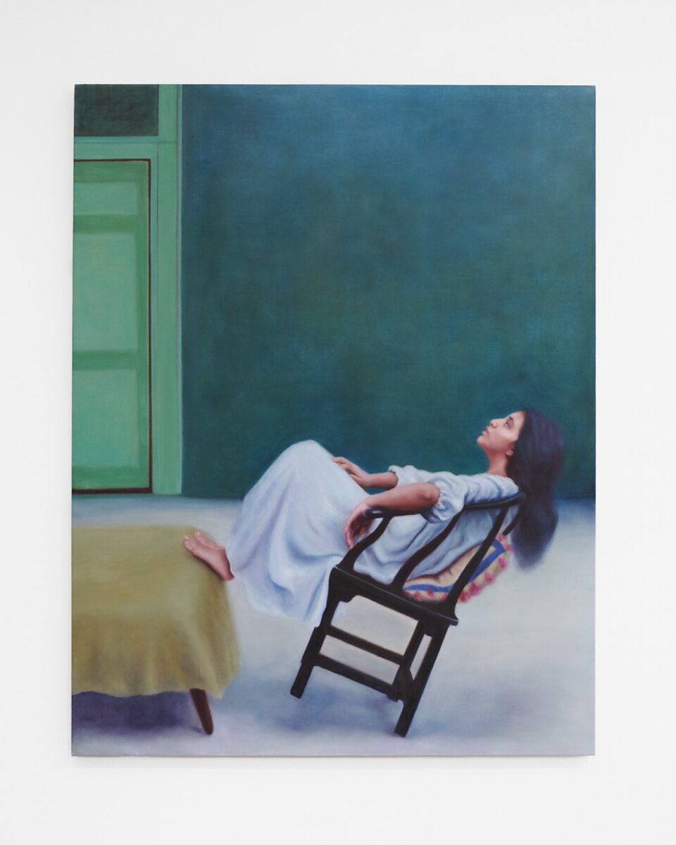 A painting of a woman leaning back in a chair gazing up towards the ceiling.