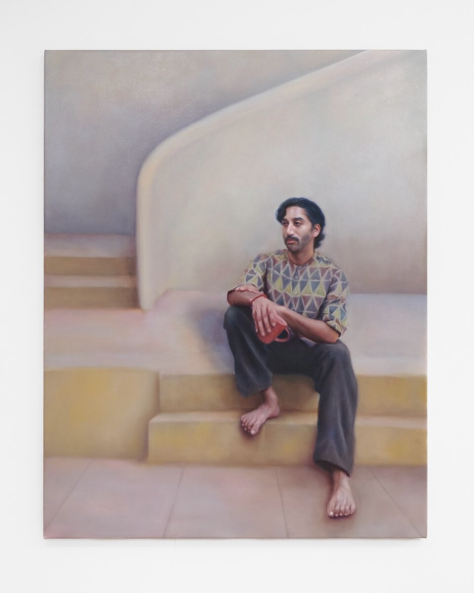 A painting featuring a barefoot man casually holding a coffee mug sitting on stairs.
