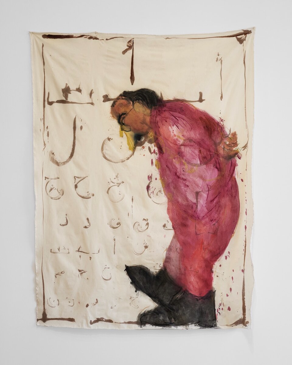 A painting on unstretched canvas featuring a man in red leaning down with his hands clasped behind his back while walking.