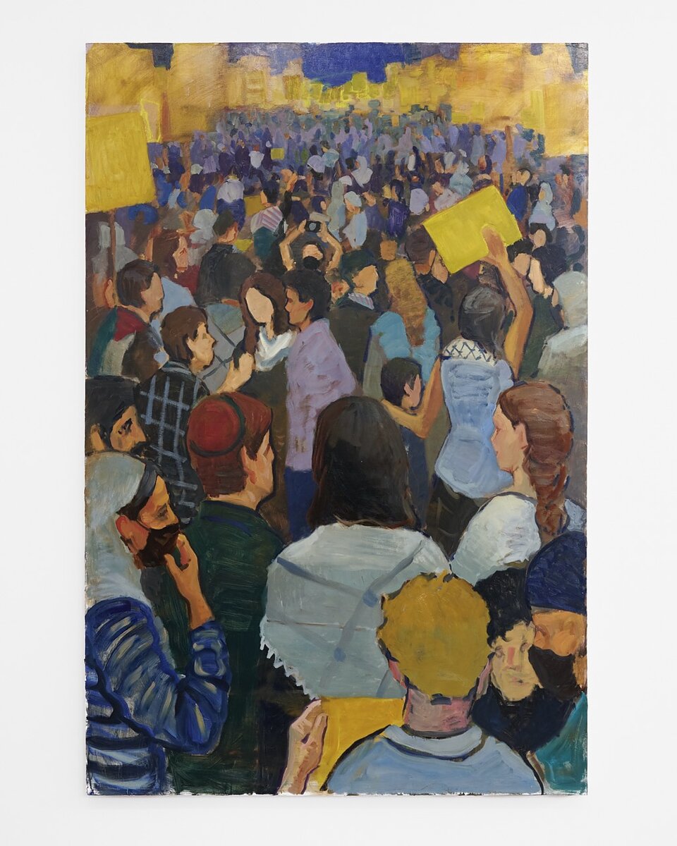 A painting of people at a crowded protest.