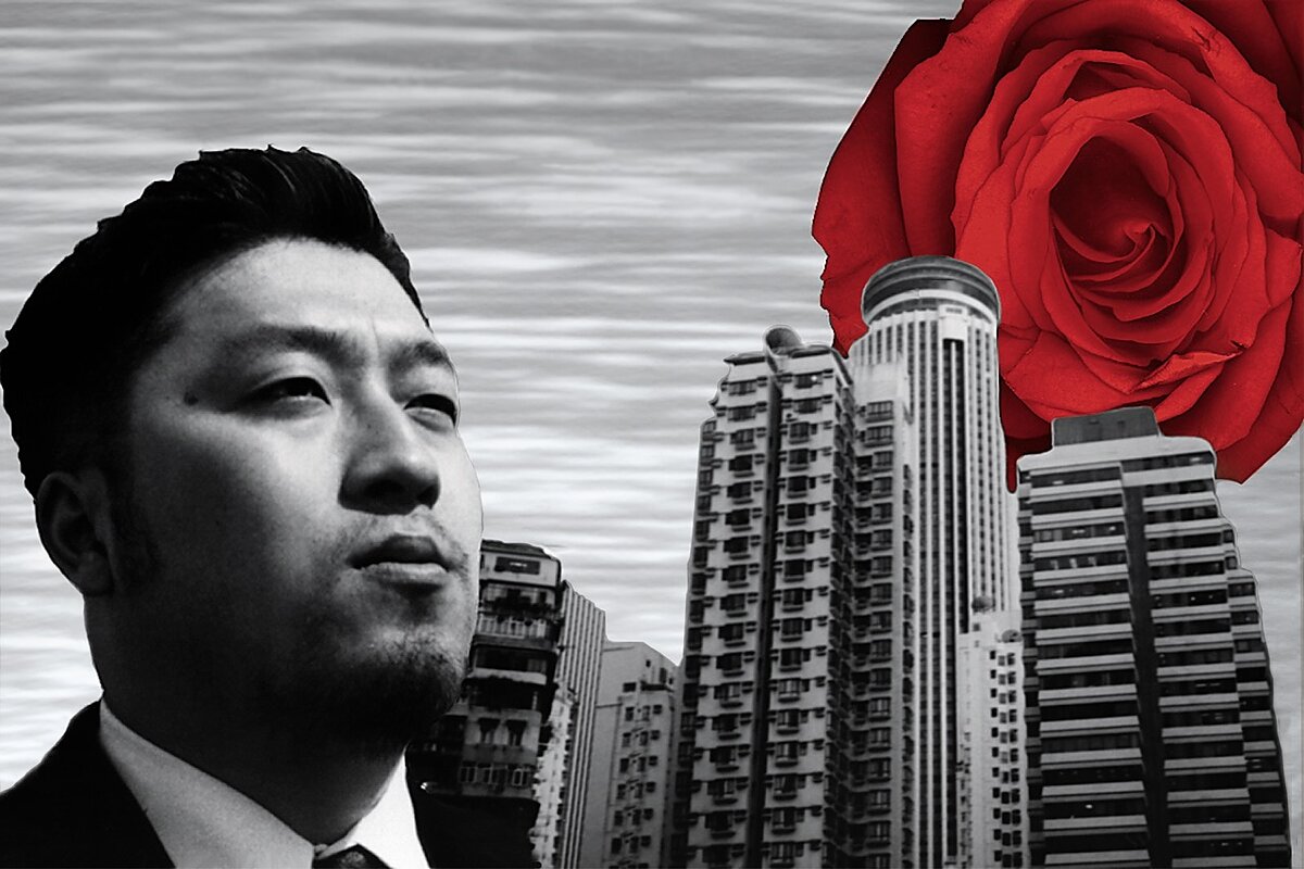 A collaged black and white image of a man in a suit and buildings and a giant red rose.