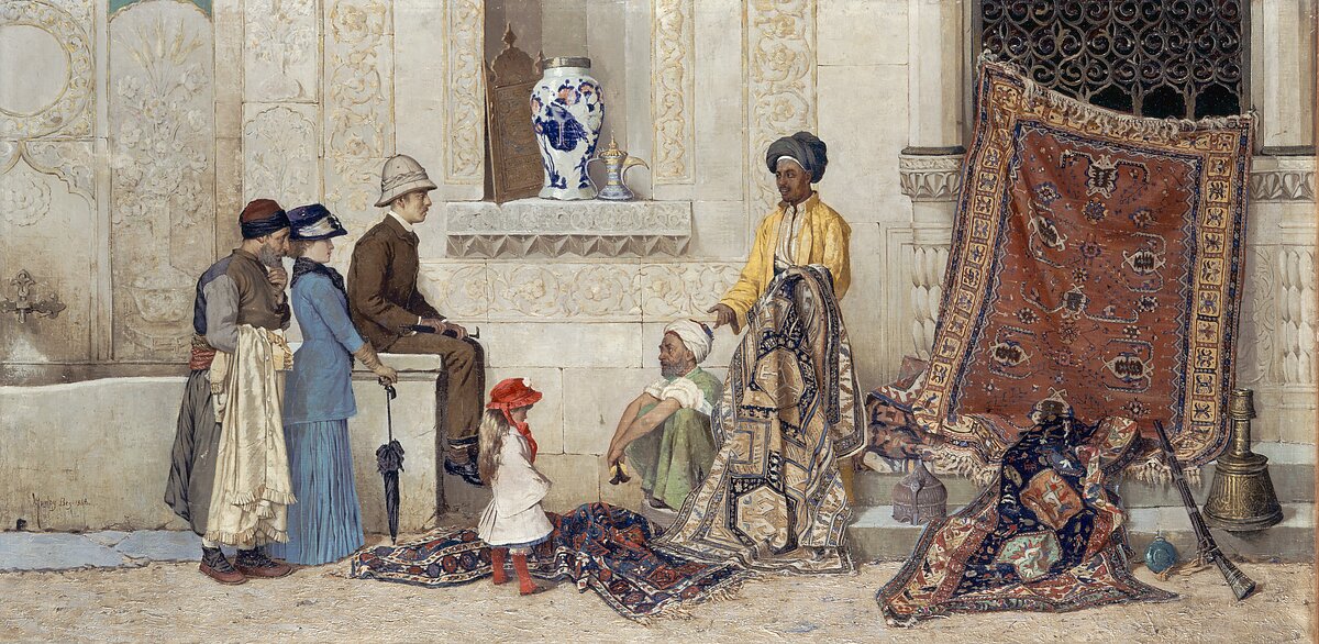 A painting of a desert city street featuring two men in turbans selling rugs to a European family.