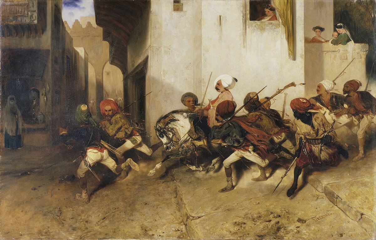 A painting featuring a chaotic scene of men running to escort a man on a white horse in a desert city street.