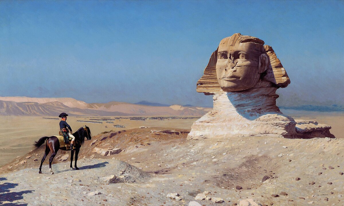 A painting on a man on a horse in a desert looking at the ruins of a sphinx.