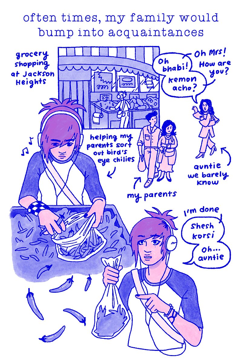 An illustration showing a series of events between a young protagonist and their family as they go grocery shopping together. 