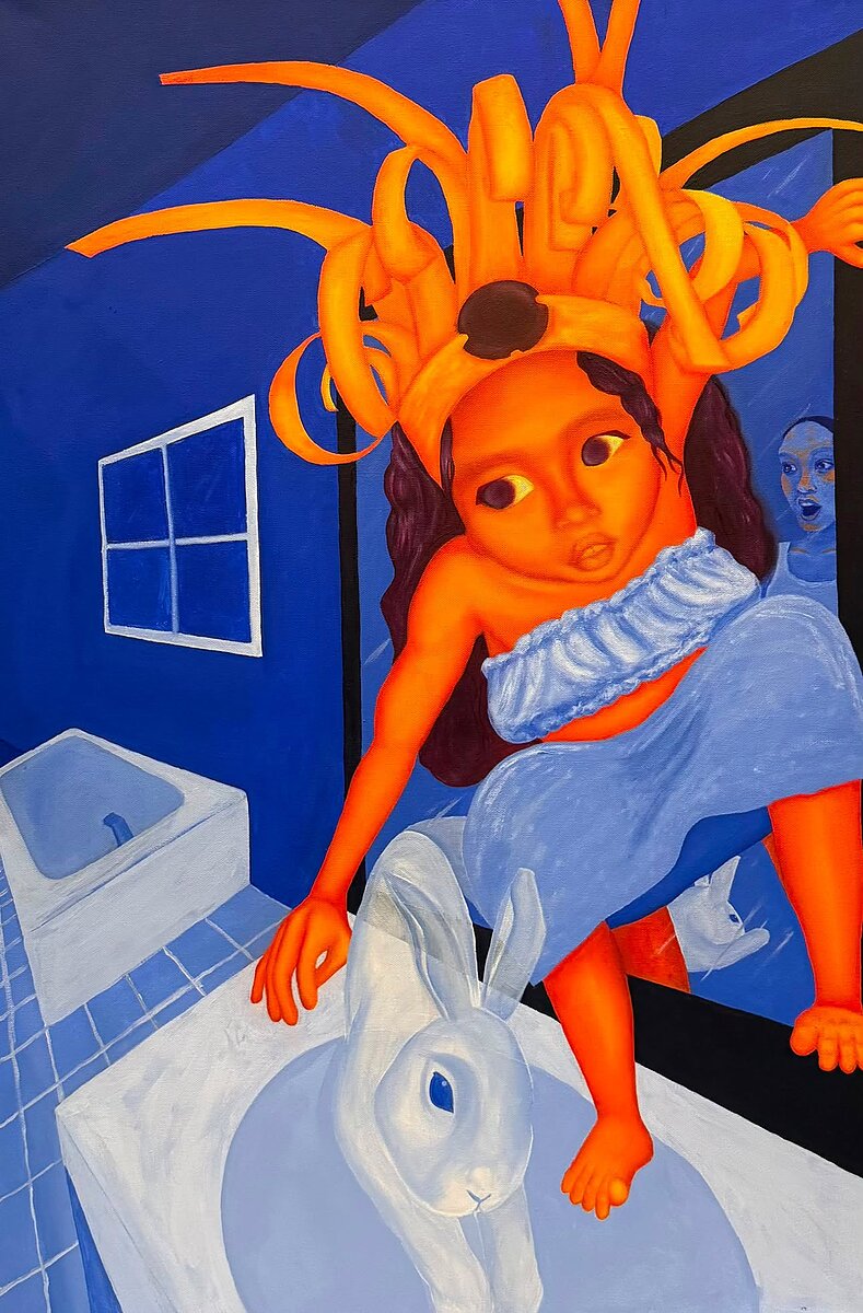 A surreal blue and orange painting of a young girl leaping up onto a bathroom counter to pet a white rabbit while an adult in the background looks on in shock. 