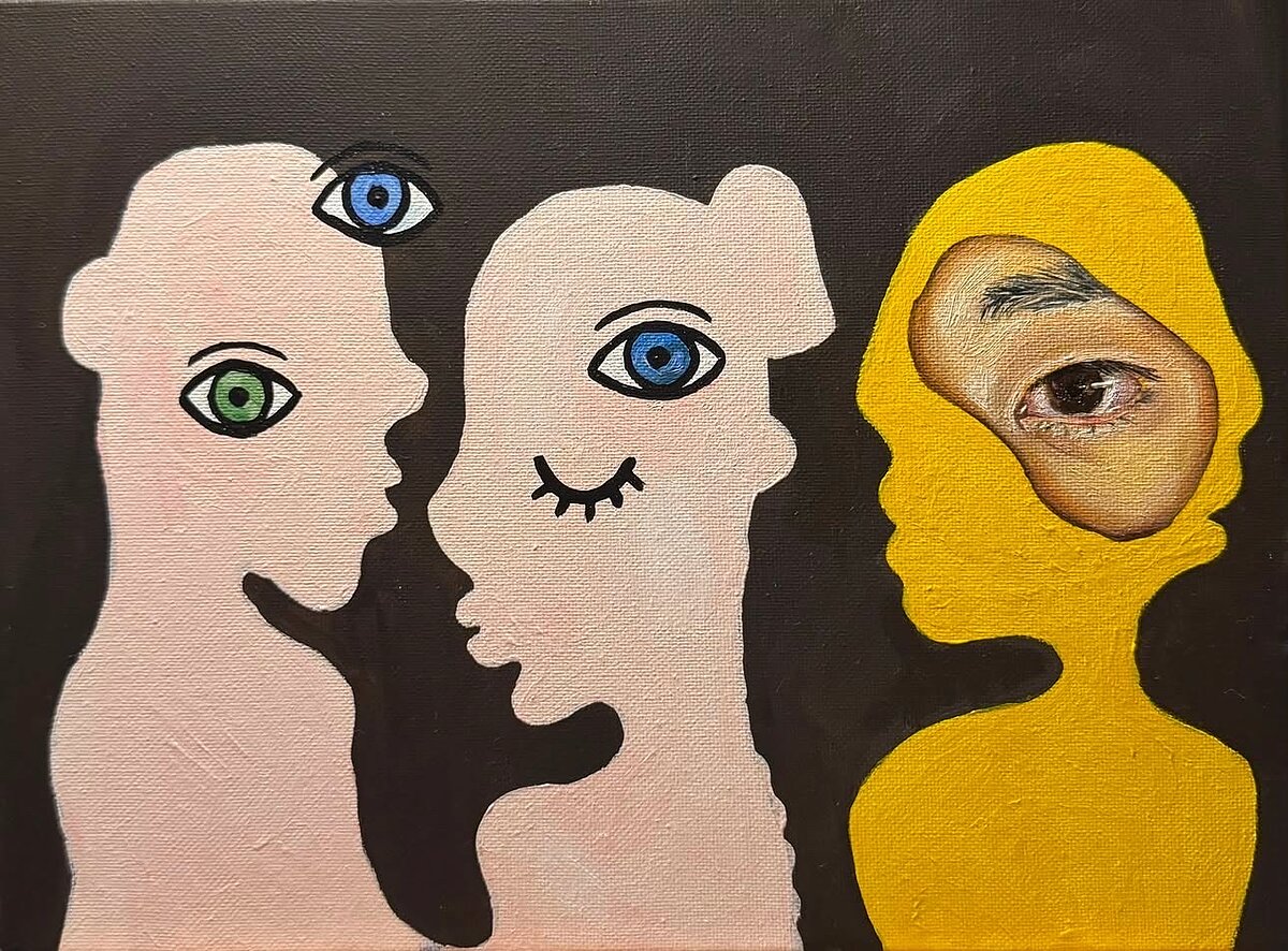 A painting featuring three abstracted figures—two are a pale beige with blue and green eyes and one is yellow with a photorealistic brown eye. 